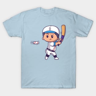 Cute Boy Playing Baseball Cartoon T-Shirt